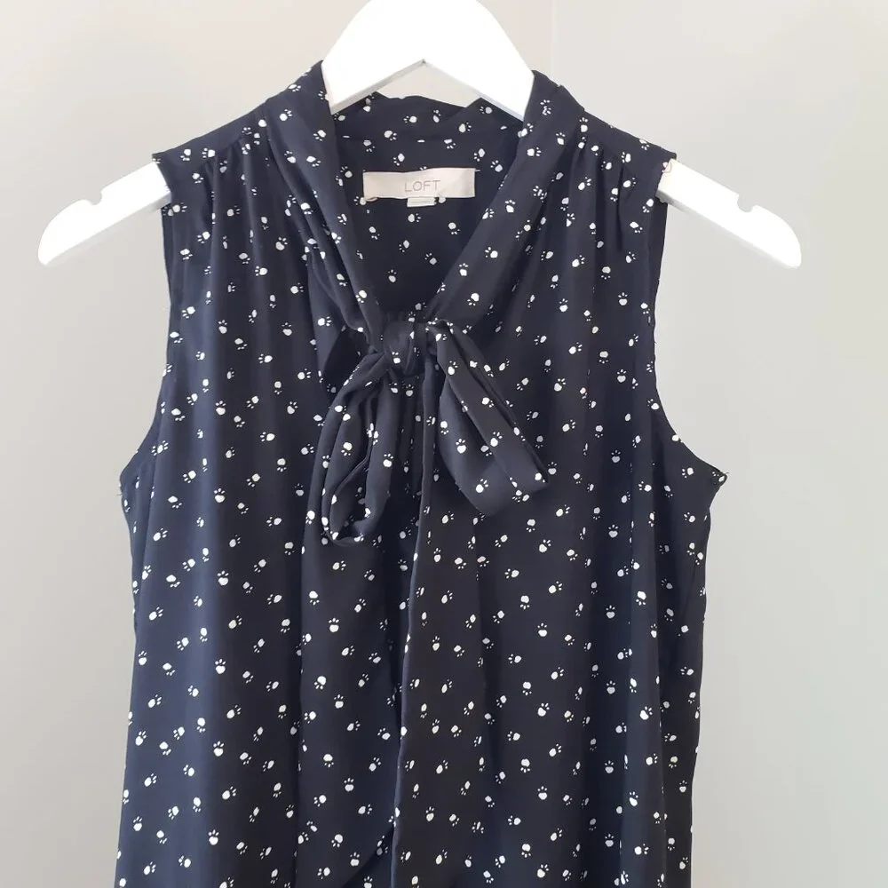 Loft Black & White Pawprint Tie Neck Dress - Picture 3 of 6